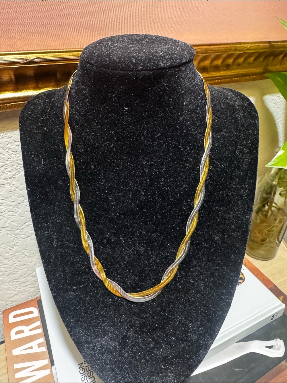 Vintage Two-Tone Twisted Herringbone Necklace Gold & Silver Chain Statement